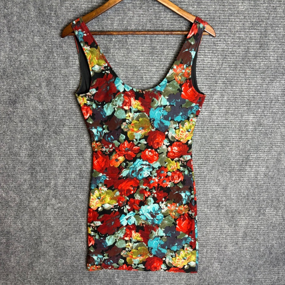 Y2K Swoon Floral Bodycon Mini Dress Womens Medium Multicolor Scoop Neck